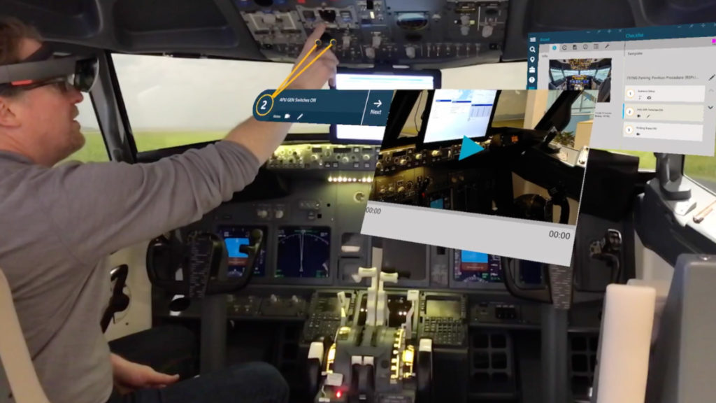 Augmented reality pilot training with Microsoft HoloLens using Taqtile Manifest field service software.