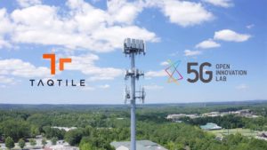 taqtile and 5g open innovation lab logos in sky next to 5g cell tower